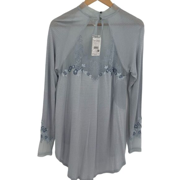 NWT Free People Saheli Embroidered-Mesh Top size small icy blue - Picture 6 of 10